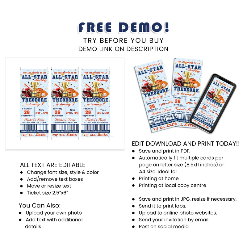 All Star Sports Personalized Birthday Ticket Invitations