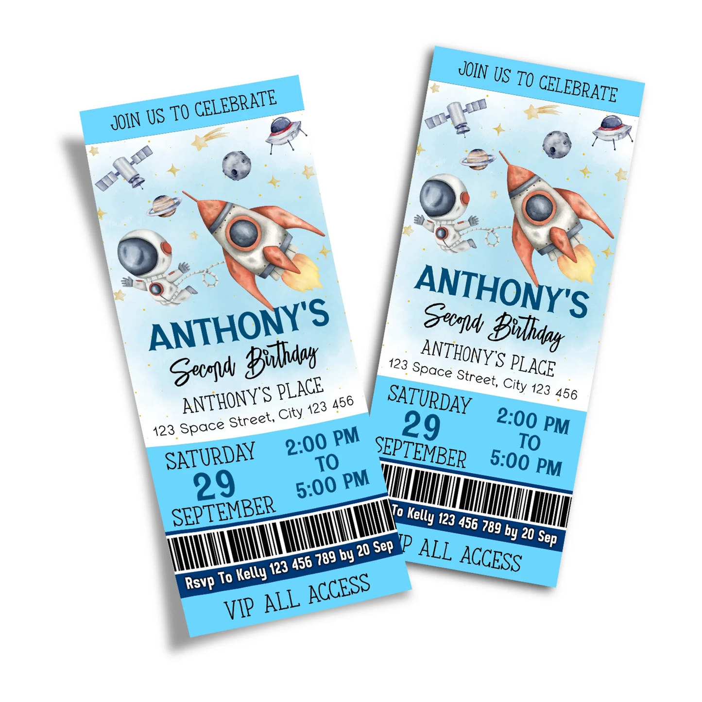 Astronaut Personalized Birthday Ticket Invitations for unique party invites
