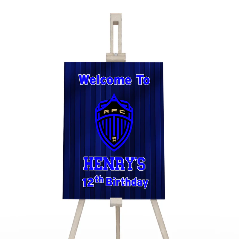 Auckland FC welcome sign with soccer field design and personalized greeting on easel