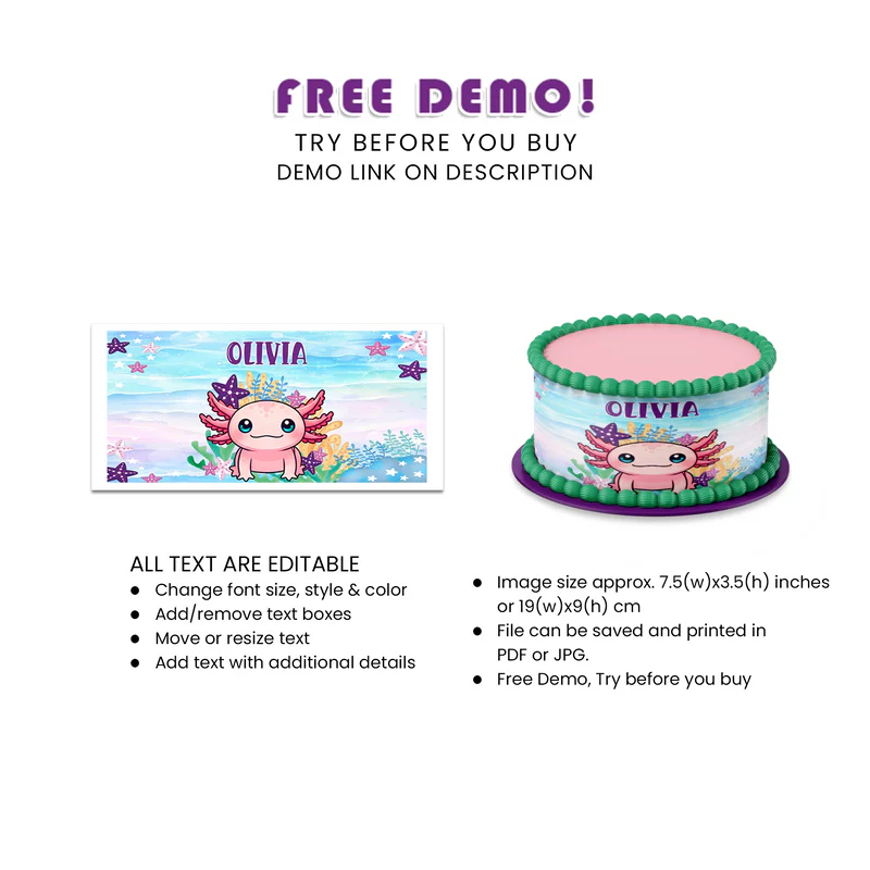 Axolotl Cake Strips Image Personalized Party Decor