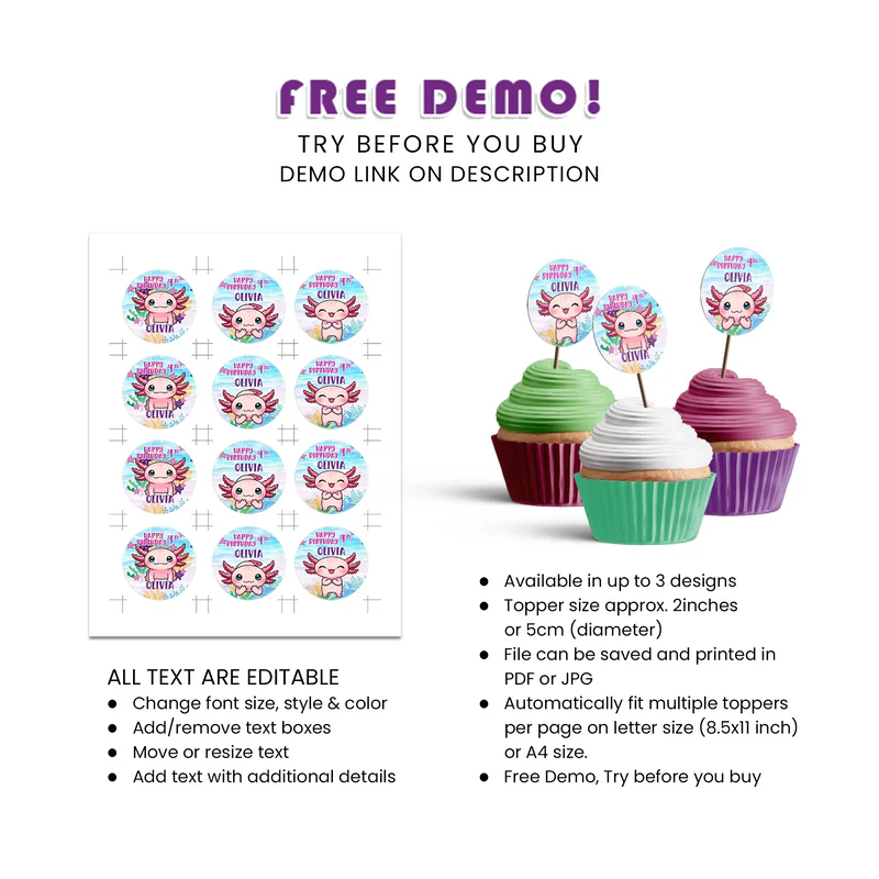 Axolotl Cupcake Toppers Personalized Birthday Party Set