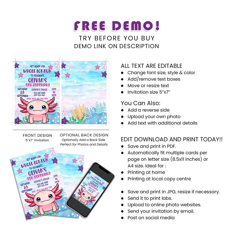 Axolotl Birthday Card Invitations Custom Party Template