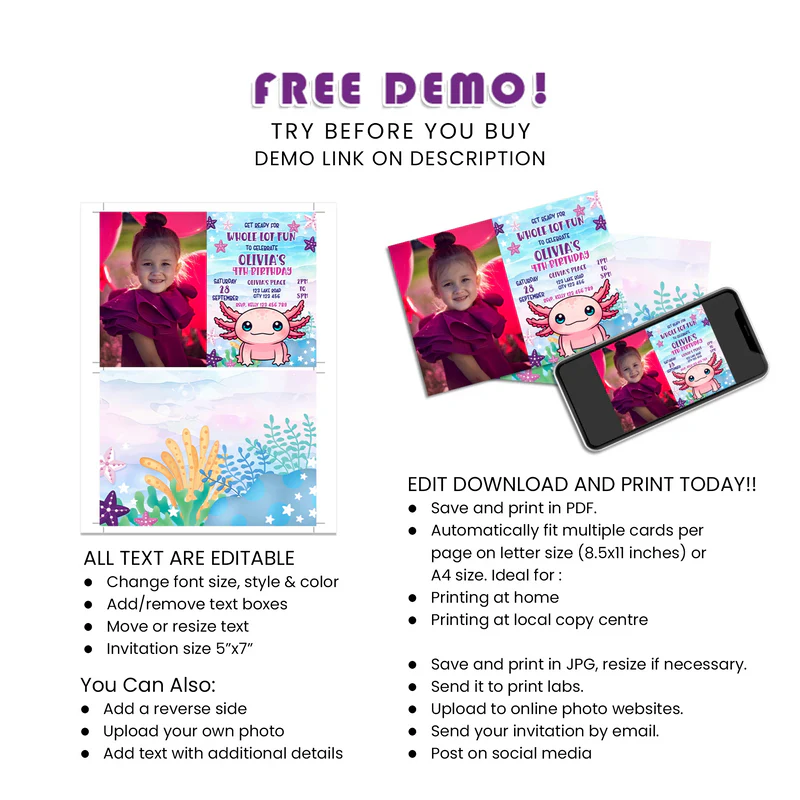 Axolotl Photo Card Invitations Personalized Party Design