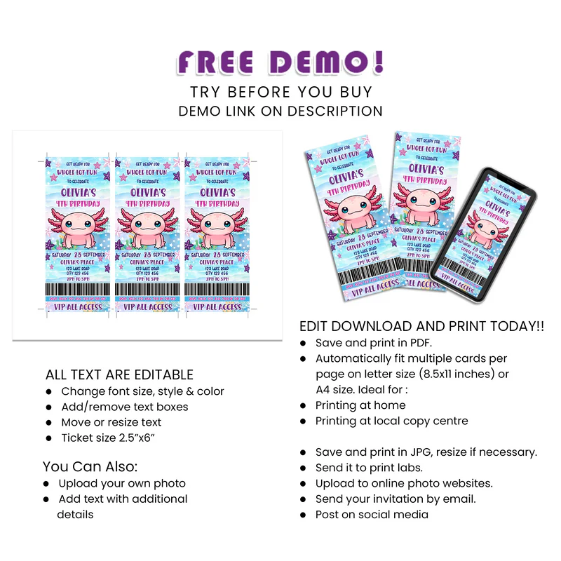 Axolotl Birthday Ticket Invitations Custom Party Invite