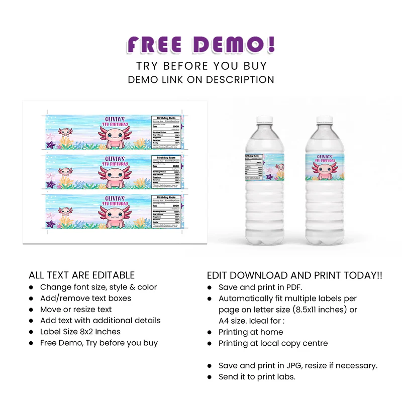 Axolotl Water Bottle Label Custom Birthday Party Wrap