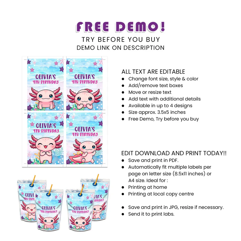 Axolotl Juice Pouch Label Personalized Party Drink Design
