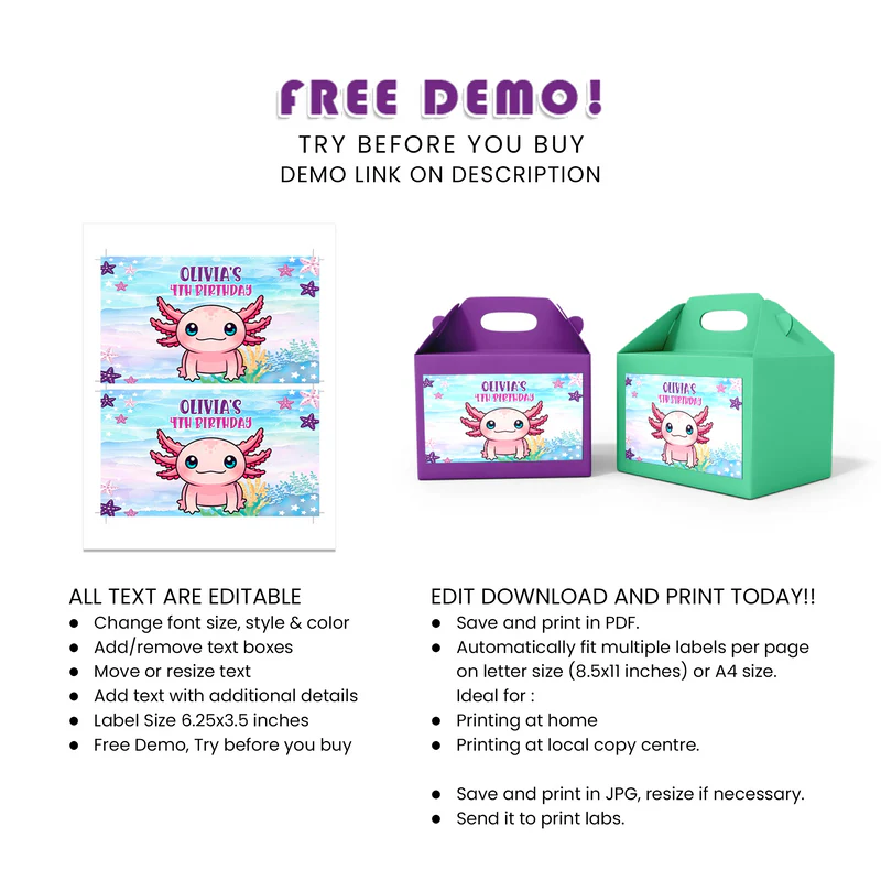 Axolotl Treat Box Label Custom Birthday Party Sticker