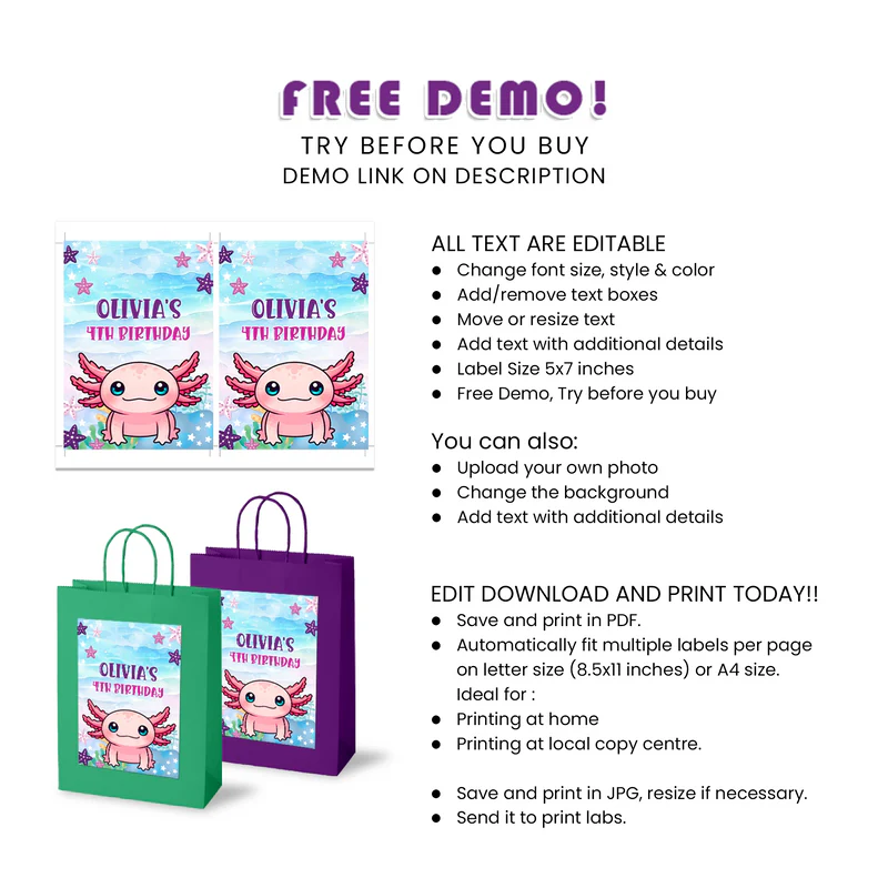 Axolotl Goodie Bag Label Personalized Party Favor Tag
