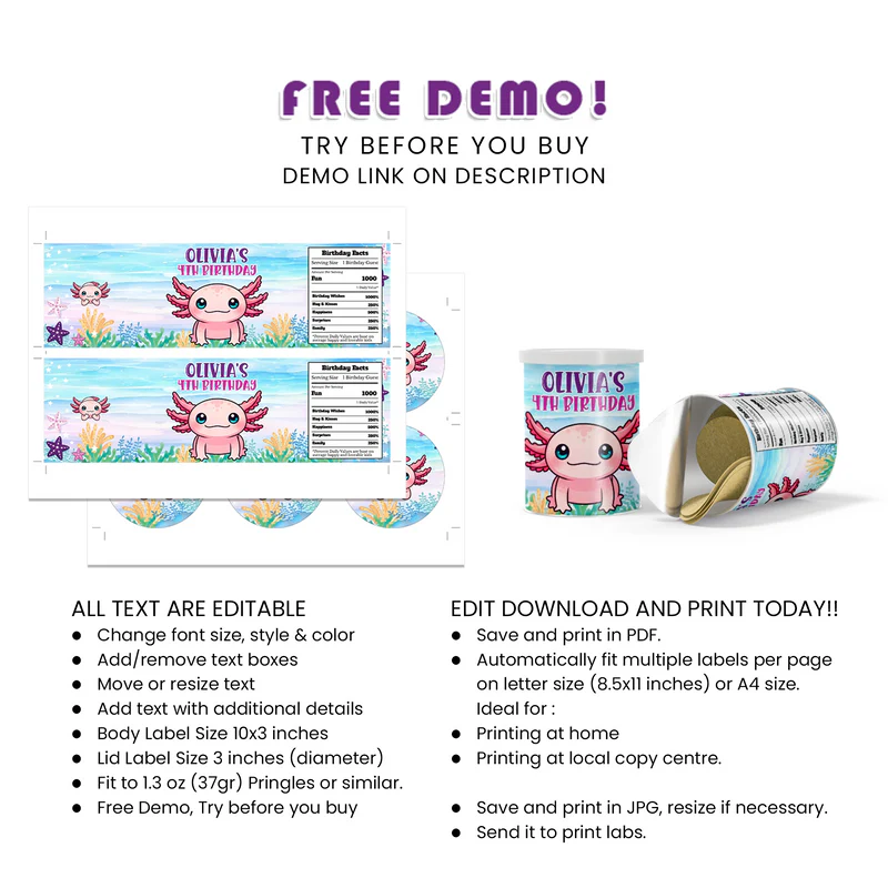 Axolotl Small Pringles Label Custom Snack Party Sticker