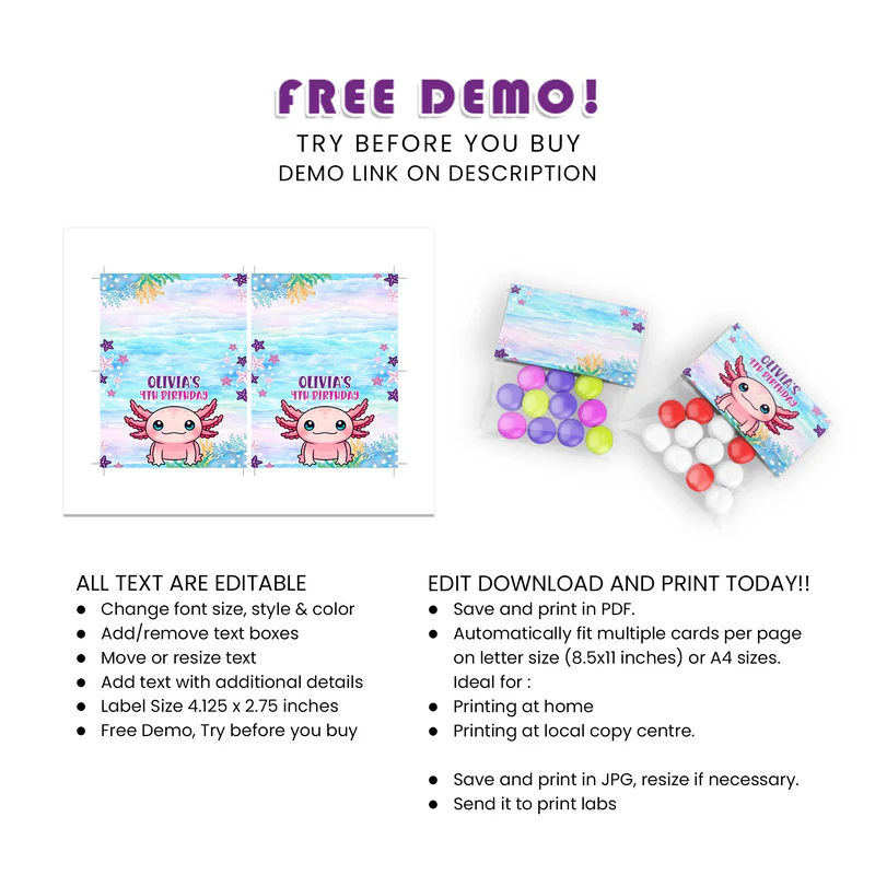 Axolotl Treat Bag Topper Label Custom Party Favor Tag