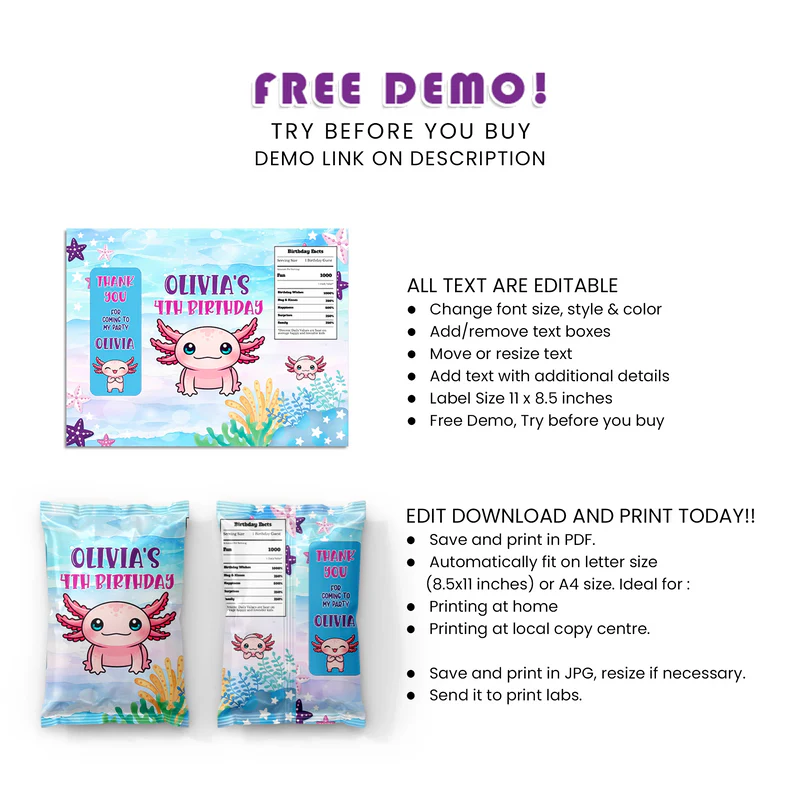 Axolotl Chips Bag Label Personalized Party Snack Wrapper