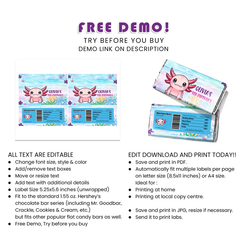 Axolotl Chocolate Label Custom Candy Bar Party Sticker