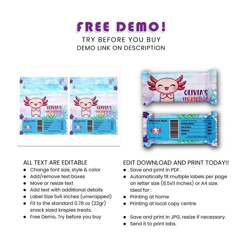 Axolotl Rice Krispies Treats & Candy Bar Label Custom Design