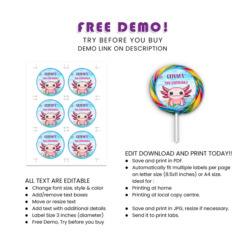 Axolotl Lollipop Label Personalized Party Candy Tag