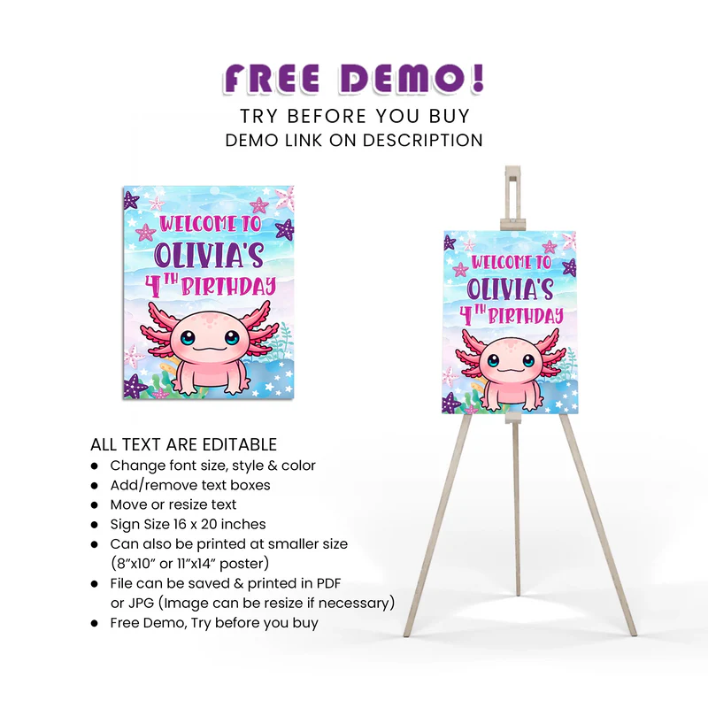 Axolotl Welcome Sign Custom Birthday Party Display