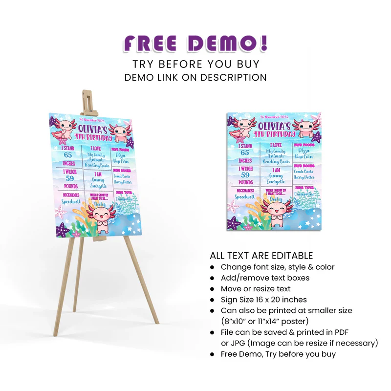 Axolotl Milestone Poster Personalized Birthday Keepsake