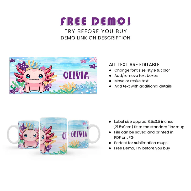 Axolotl Sublimation Mug Custom Birthday Gift Design