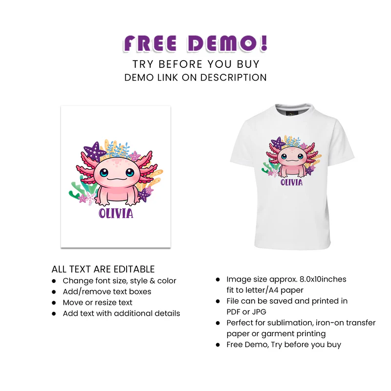 Axolotl Sublimation T-Shirt Custom Cute Birthday Design