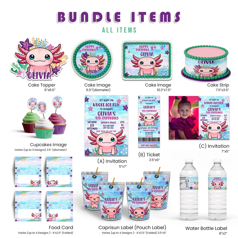 Axolotl party pack with pastel pink and blue decorations on white background, featuring personalized designs for themed celebrations
