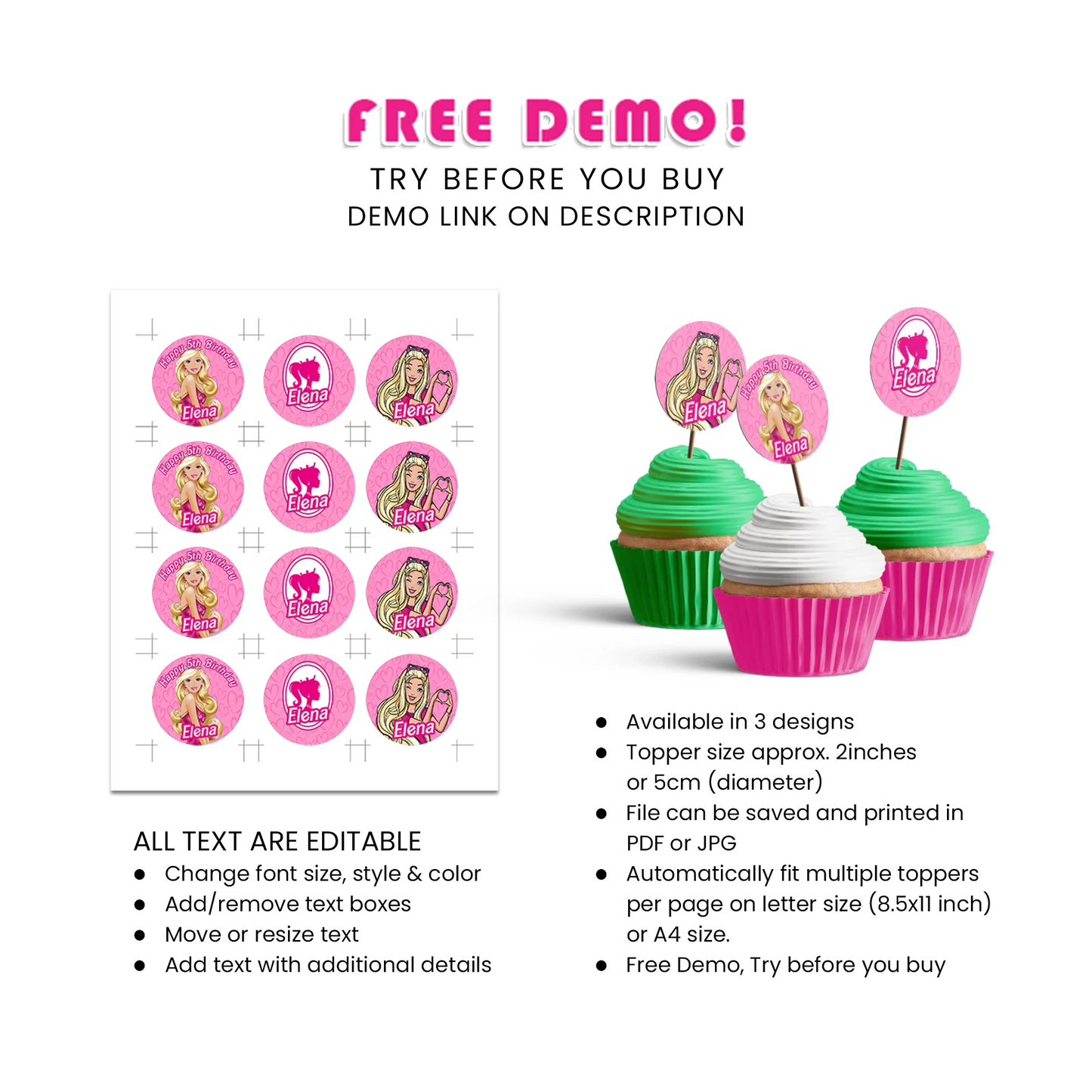 Barbie Personalized Cupcake Toppers