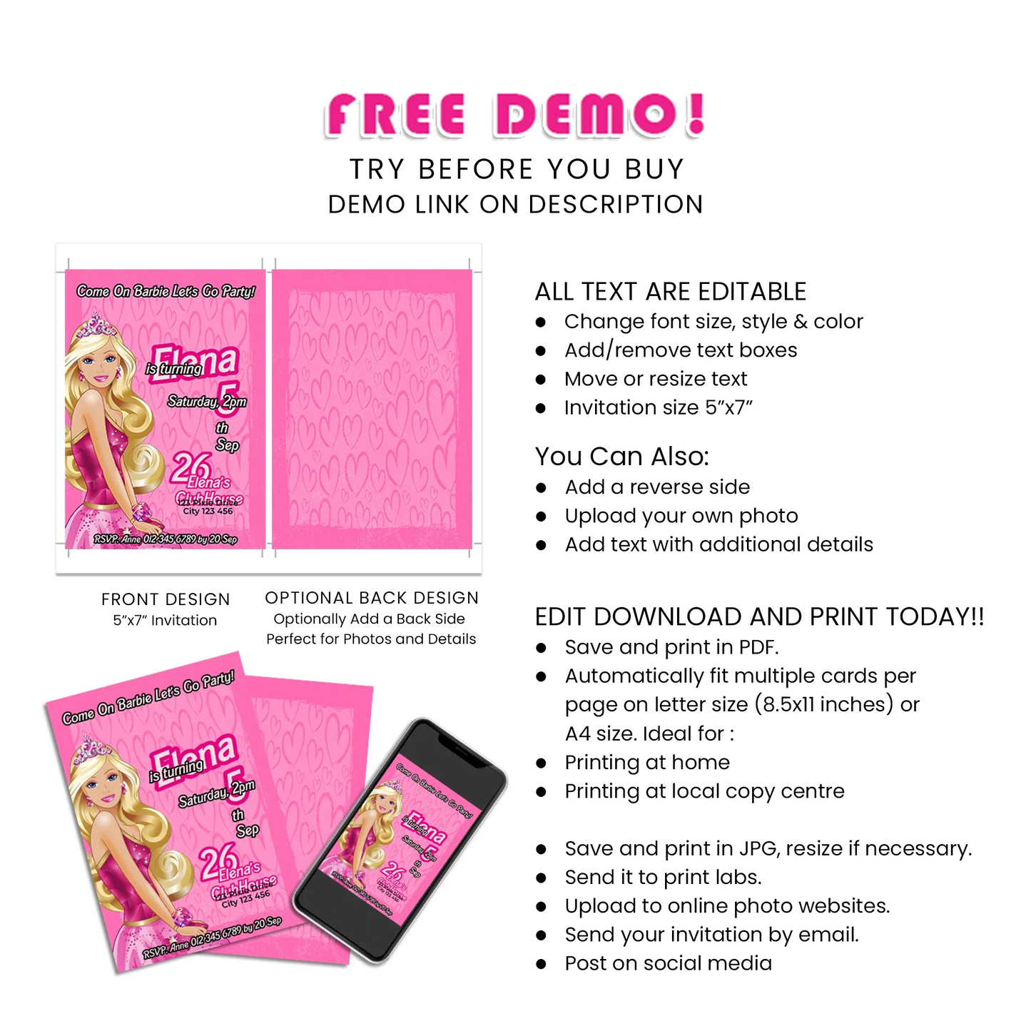 Barbie Personalized Birthday Card Invitations