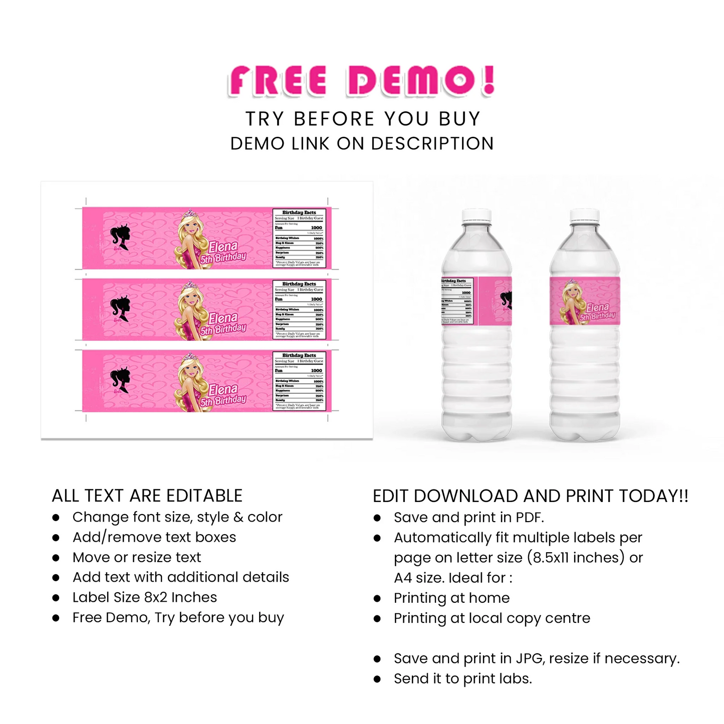 Barbie Personalized Water Bottle Label