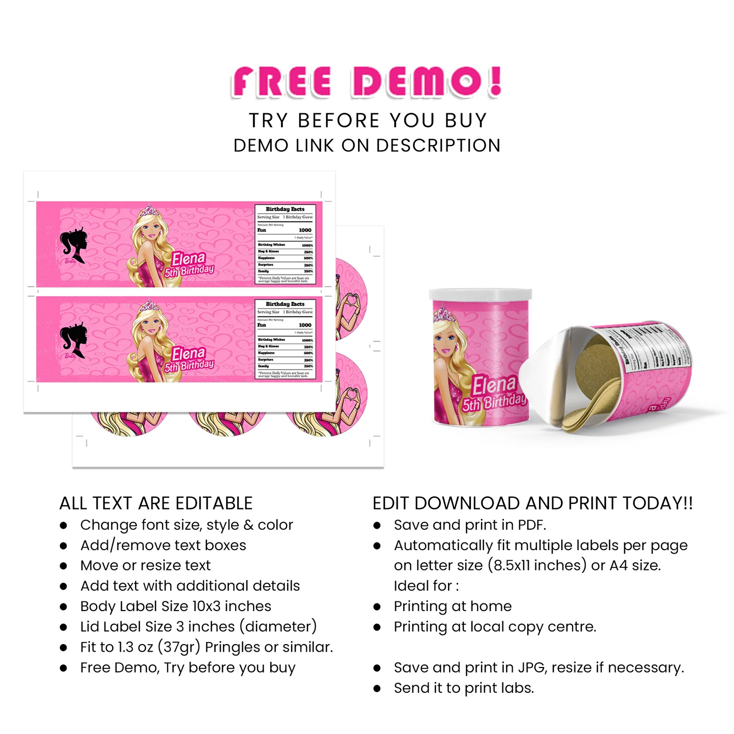 Barbie Personalized Small Pringles Label