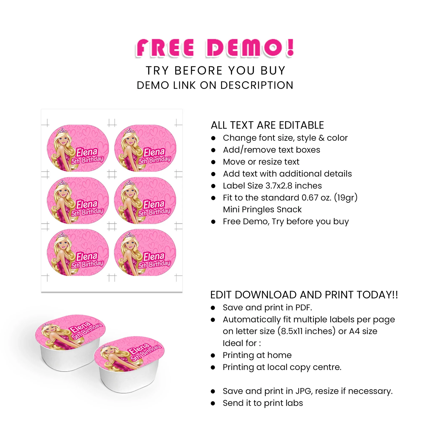 Barbie Personalized Mini Pringles Label