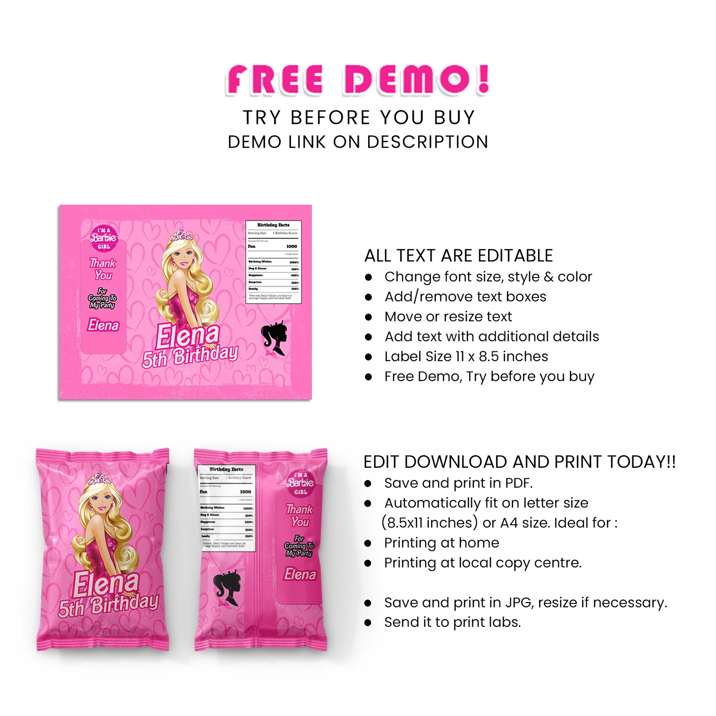 Barbie Personalized Chips Bag Label