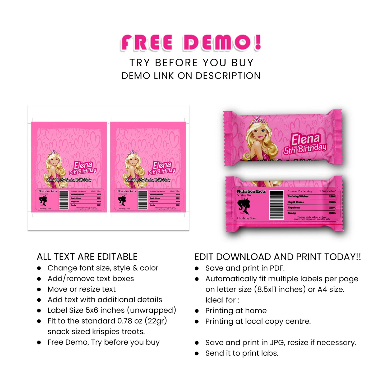 Barbie Personalized Rice Krispies Treats & Candy Bar Label