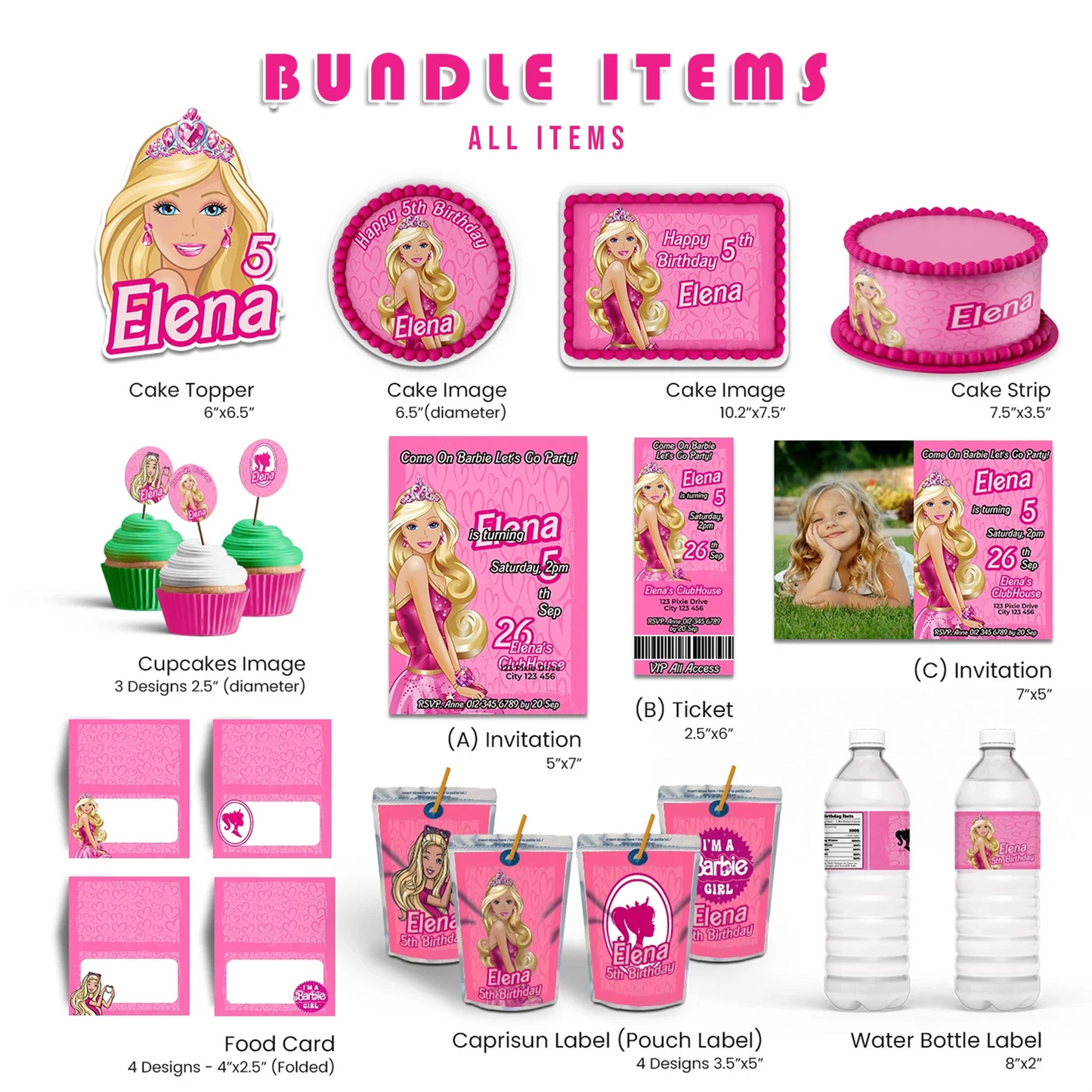 Barbie Personalized Digital Template Party Pack with editable designs