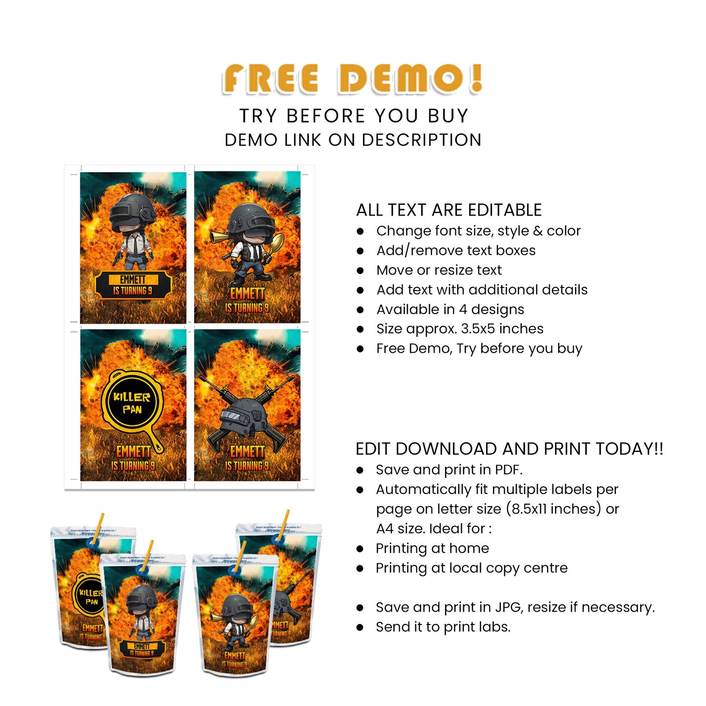 PUBG Juice Pouch Labels for Refreshing Battle Boosts - Fuel Up Your Guests