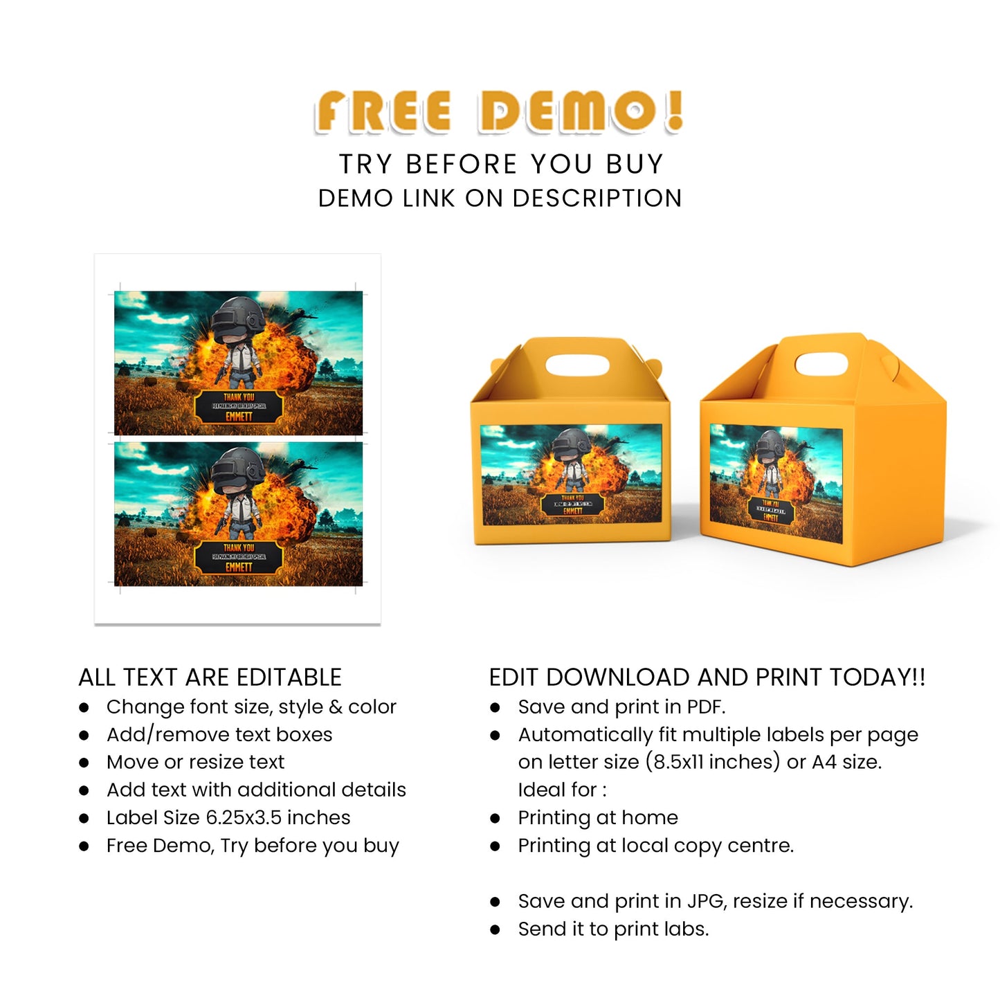 PUBG Treat Box Labels for Sweet Victory Supplies - Pack Your Party Arsenal