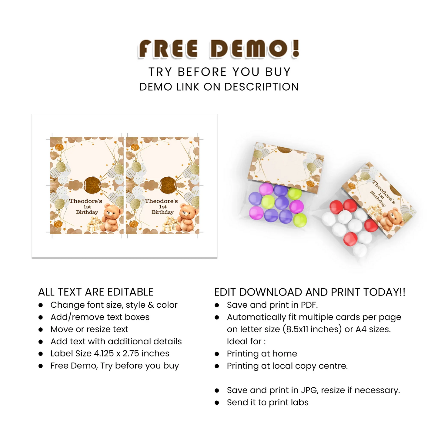 Bear Treat Bag Topper Label