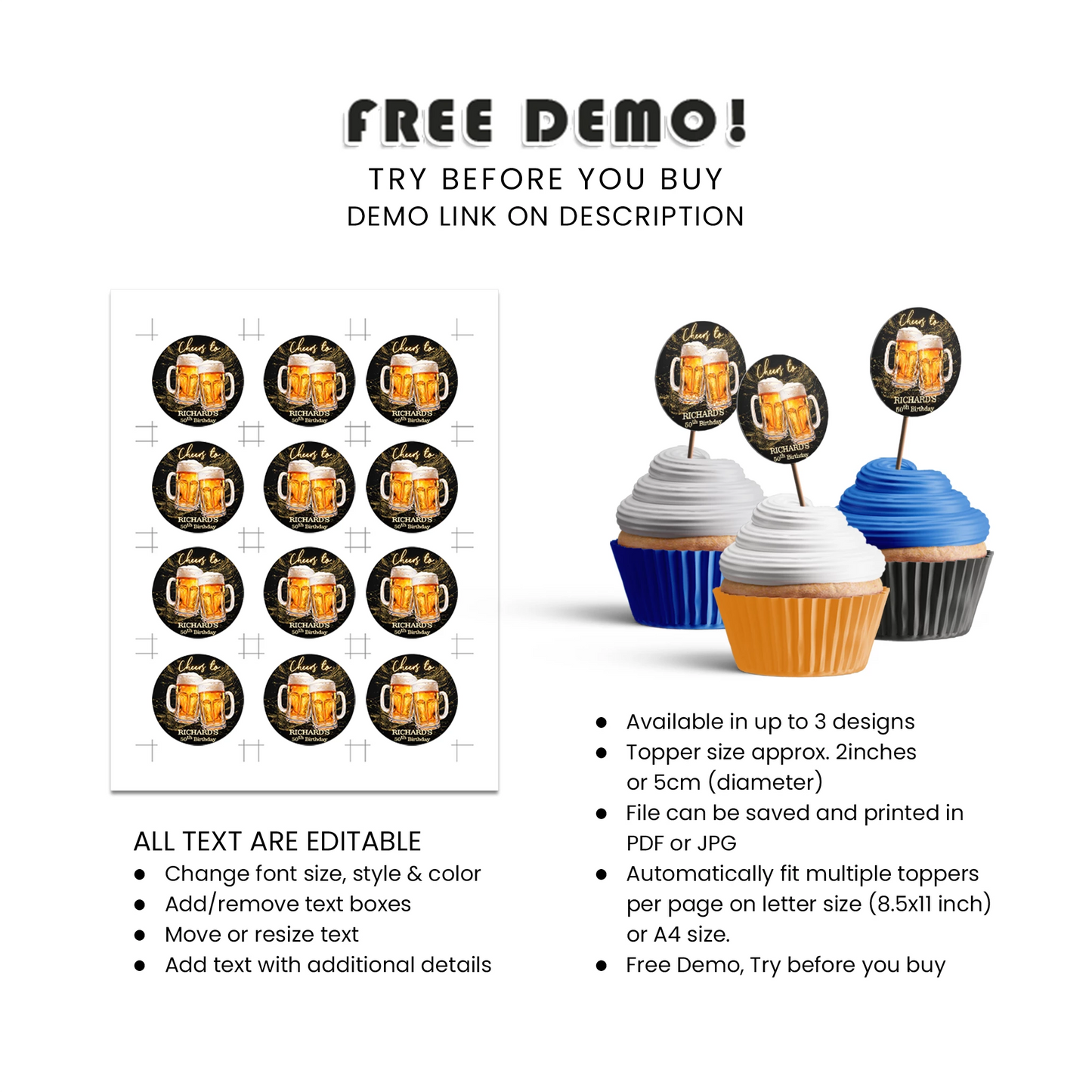 Beer Adult Birthday Personalized Cupcake Toppers Party Dessert Decor