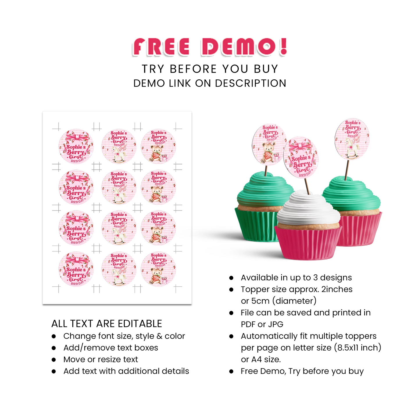 Berry Strawberry Personalized Cupcake Toppers Sweet Party Decor