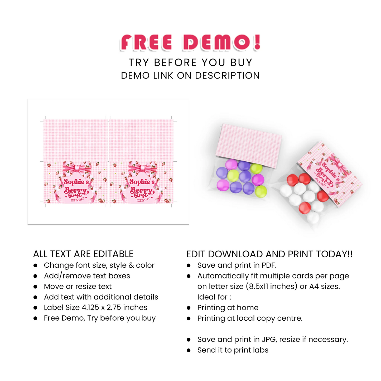 Berry Strawberry Treat Bag Topper Label Party Favor Toppers