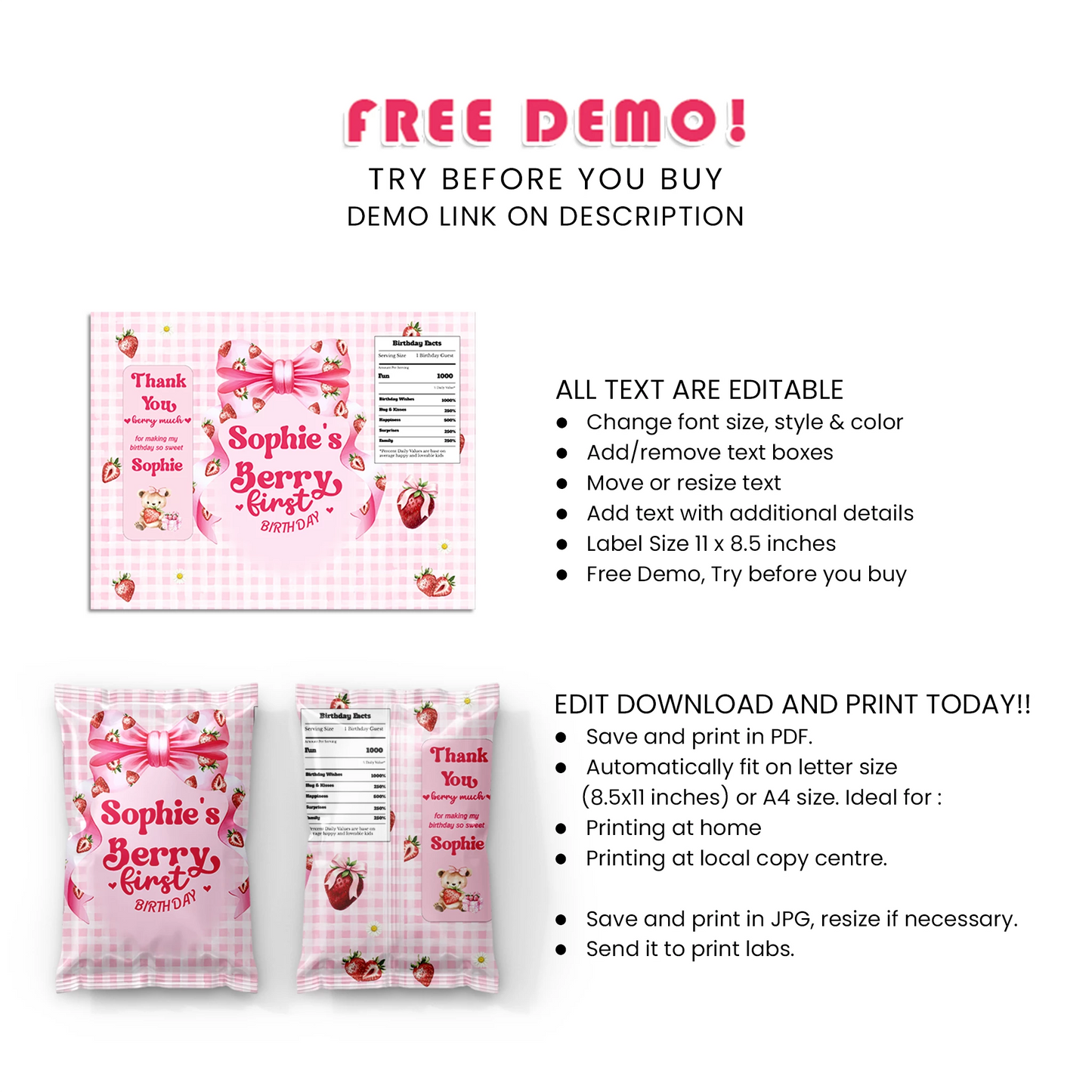 Berry Strawberry Chips Bag Label Birthday Party Snack Wrap
