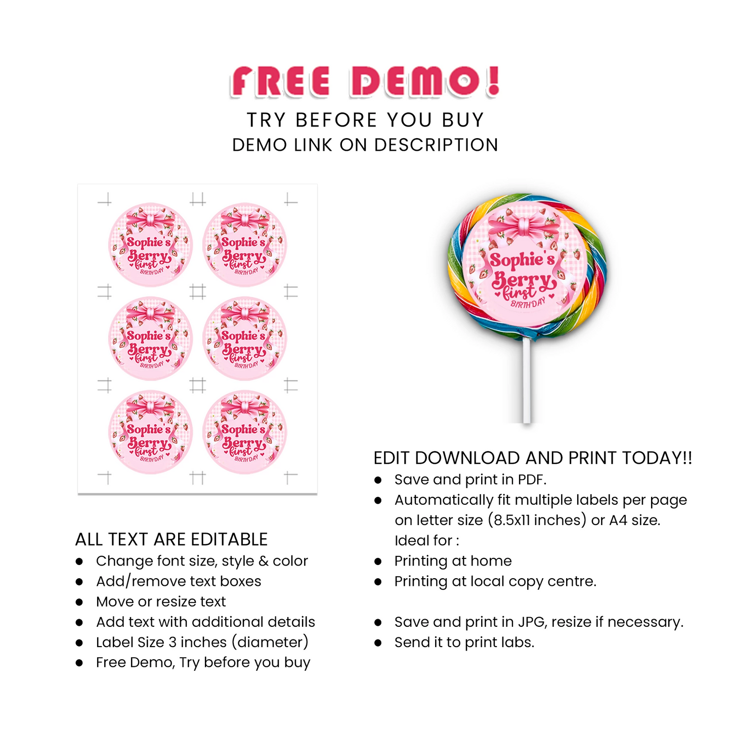 Berry Strawberry Lollipop Label Sweet Candy Stickers