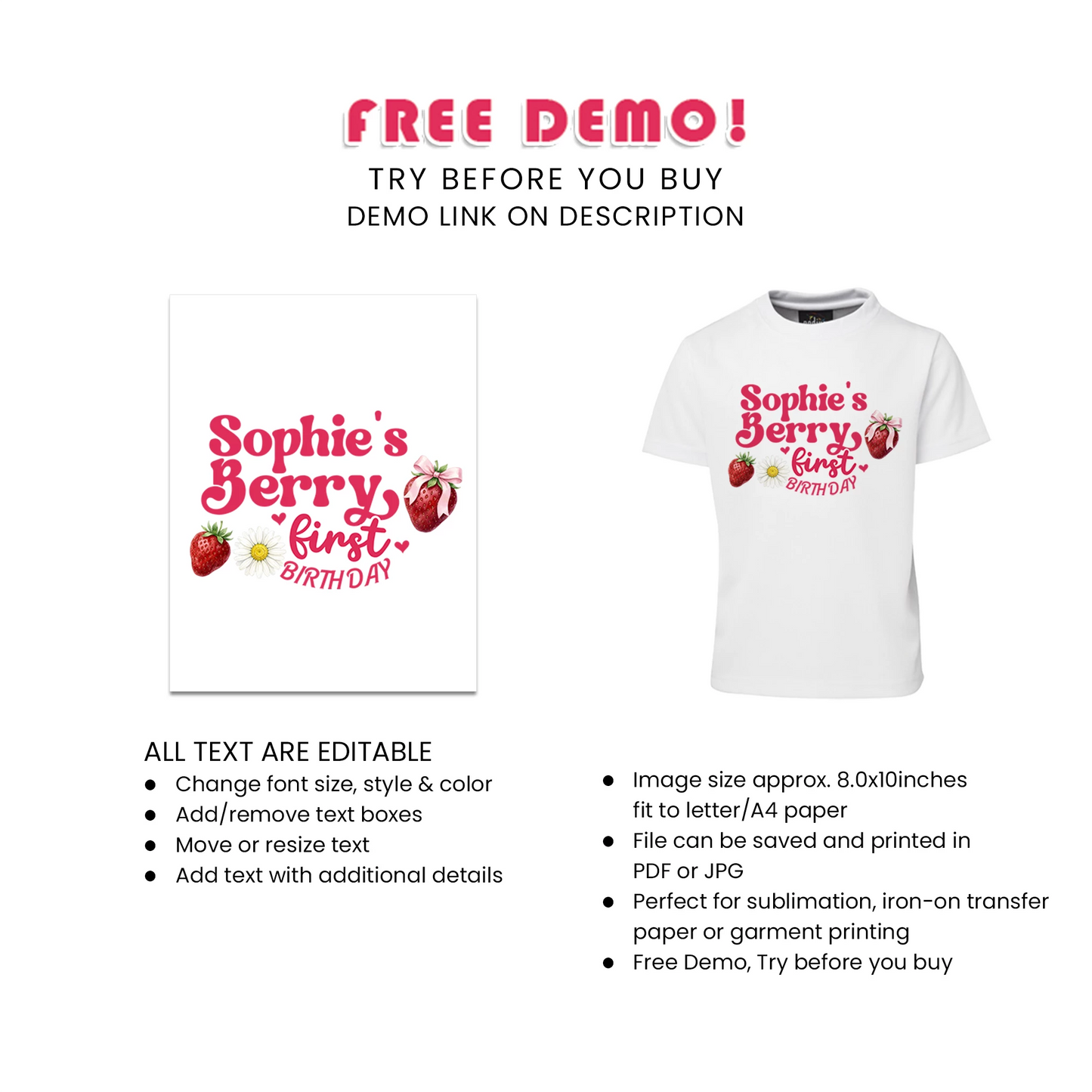 Berry Strawberry Sublimation T-Shirt Berry Theme Birthday Shirt