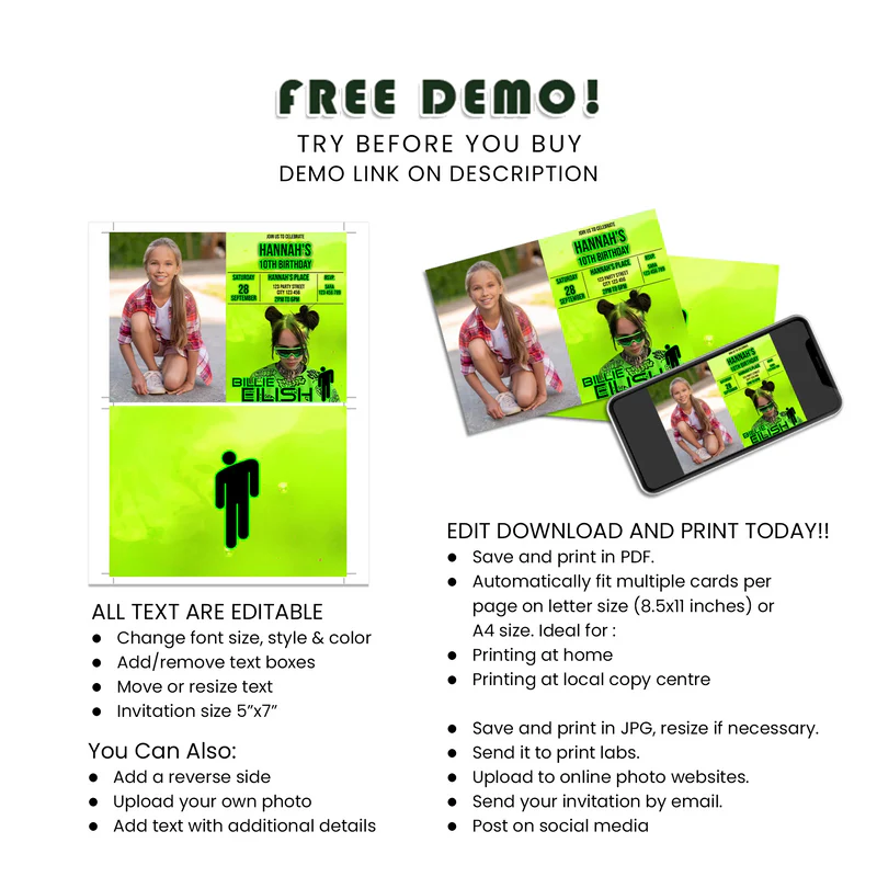 Billie Eilish Personalized Photo Card Invitations - Custom Photo Invitations for Billie Eilish Themed Birthdays