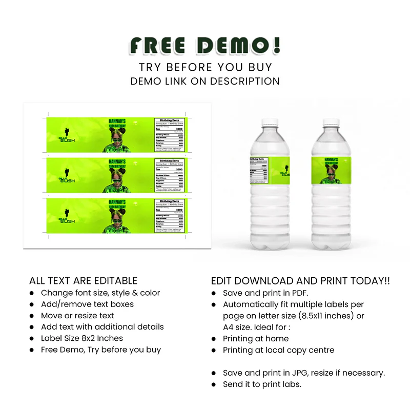 Billie Eilish Water Bottle Label - Custom Water Bottle Labels for Billie Eilish Themed Parties