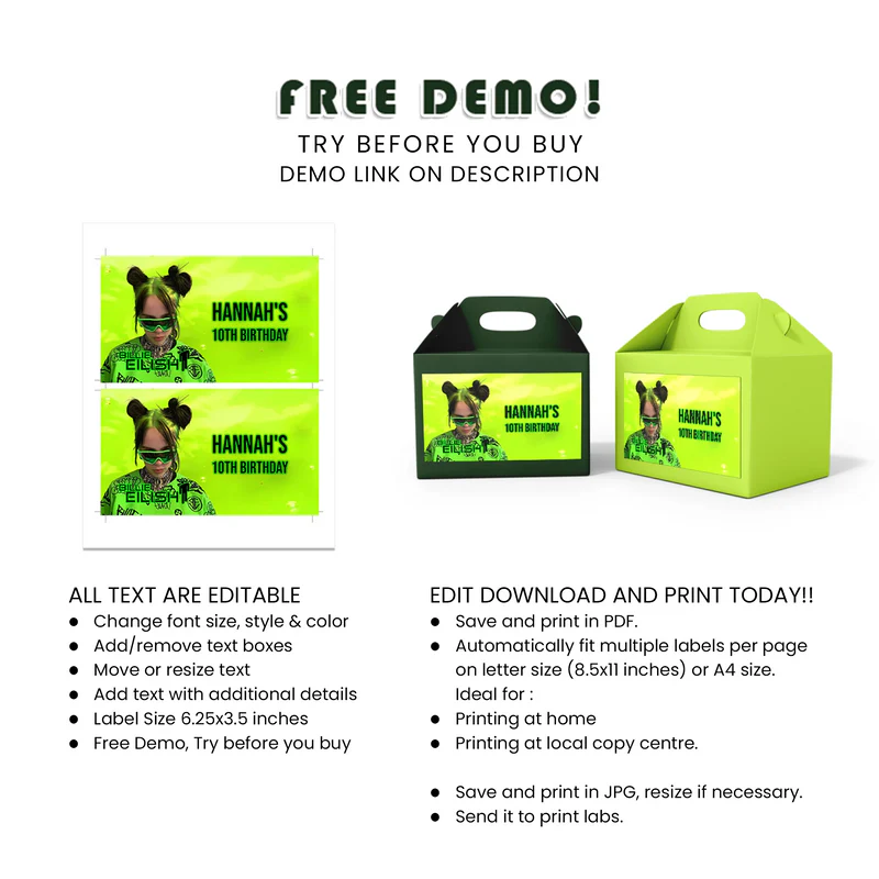 Billie Eilish Treat Box Label - Custom Treat Box Labels for Billie Eilish Themed Parties