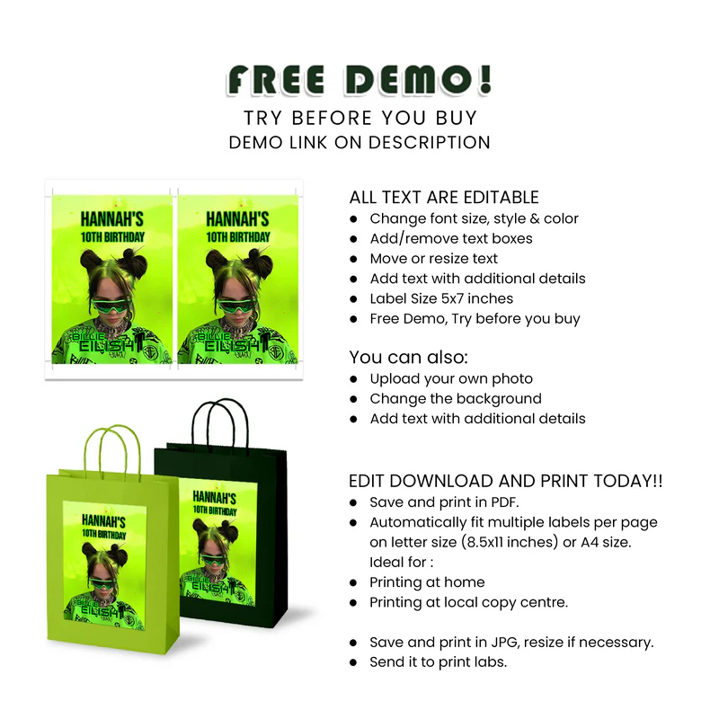 Billie Eilish Goody Bag Label - Custom Goody Bag Labels for Billie Eilish Themed Parties