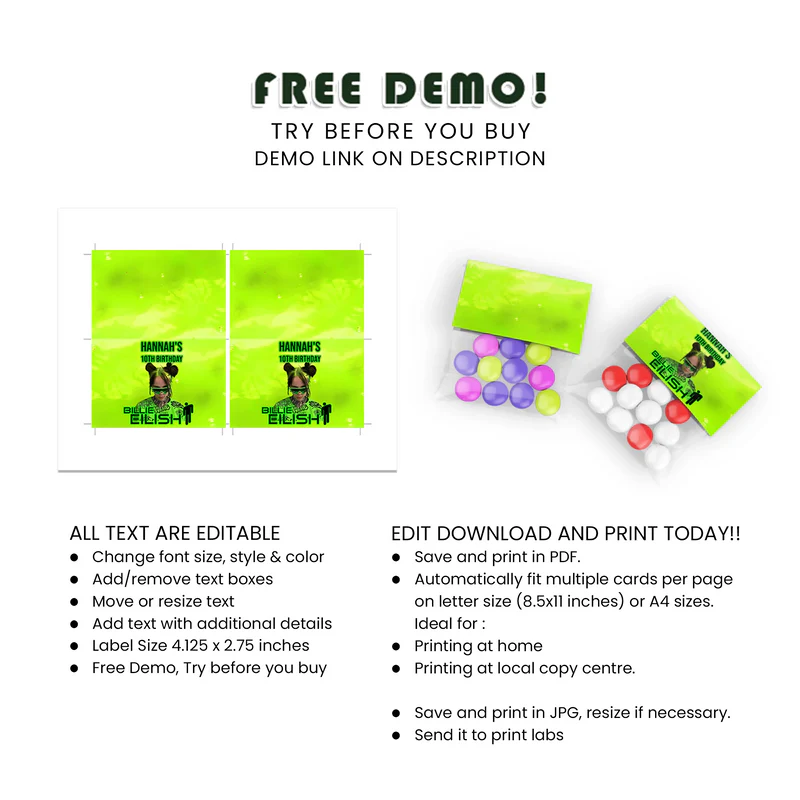 Billie Eilish Treat Bag Topper Label - Custom Treat Bag Topper Labels for Billie Eilish Themed Parties