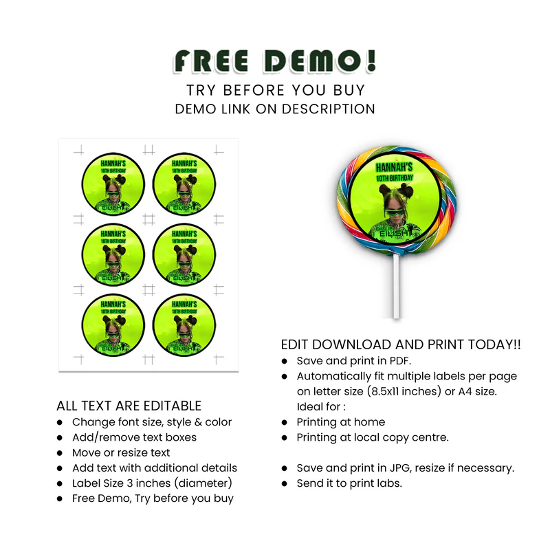 Billie Eilish Lollipop Label - Custom Lollipop Labels for Billie Eilish Themed Parties