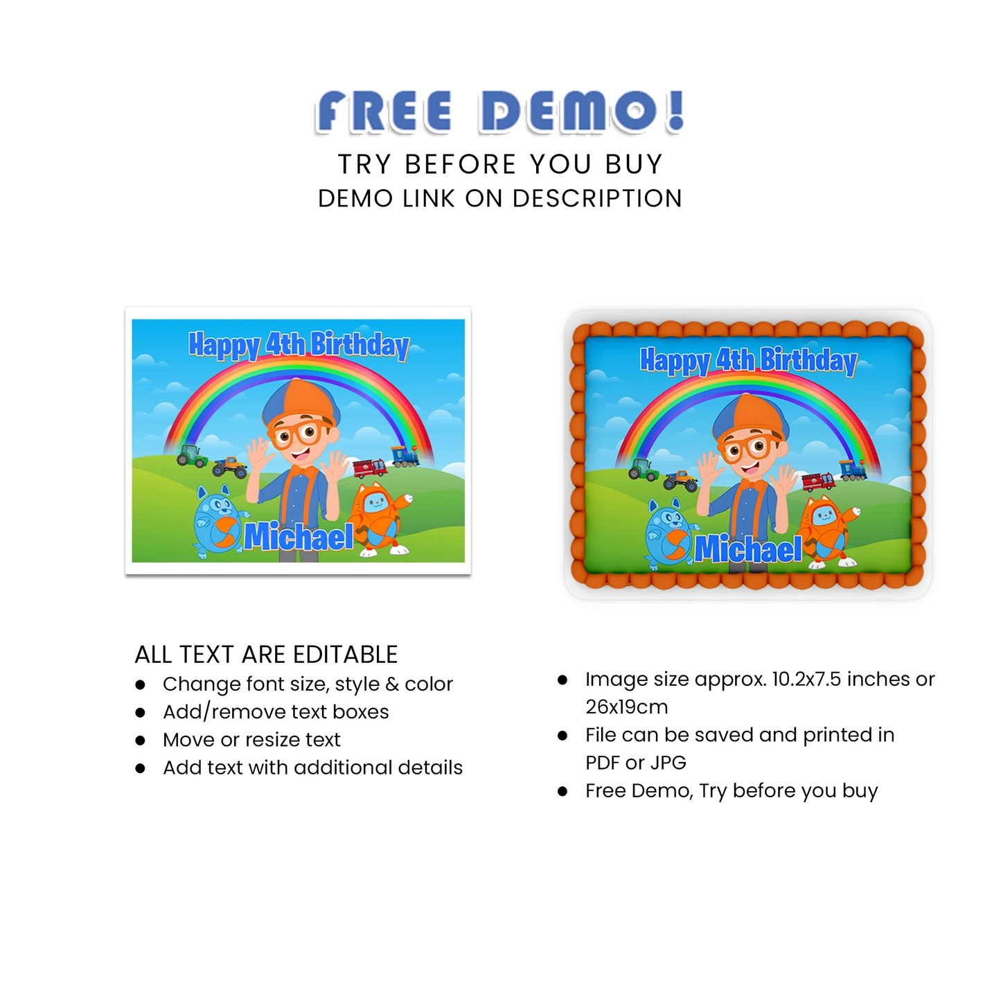 Blippi personalized icing sheet cake topper images for kids parties