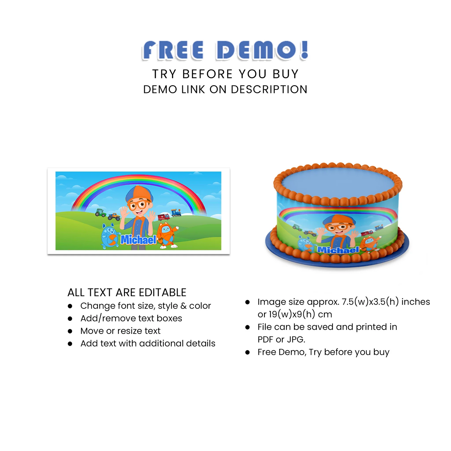 Blippi personalized cake strips for birthday cakes and party decor