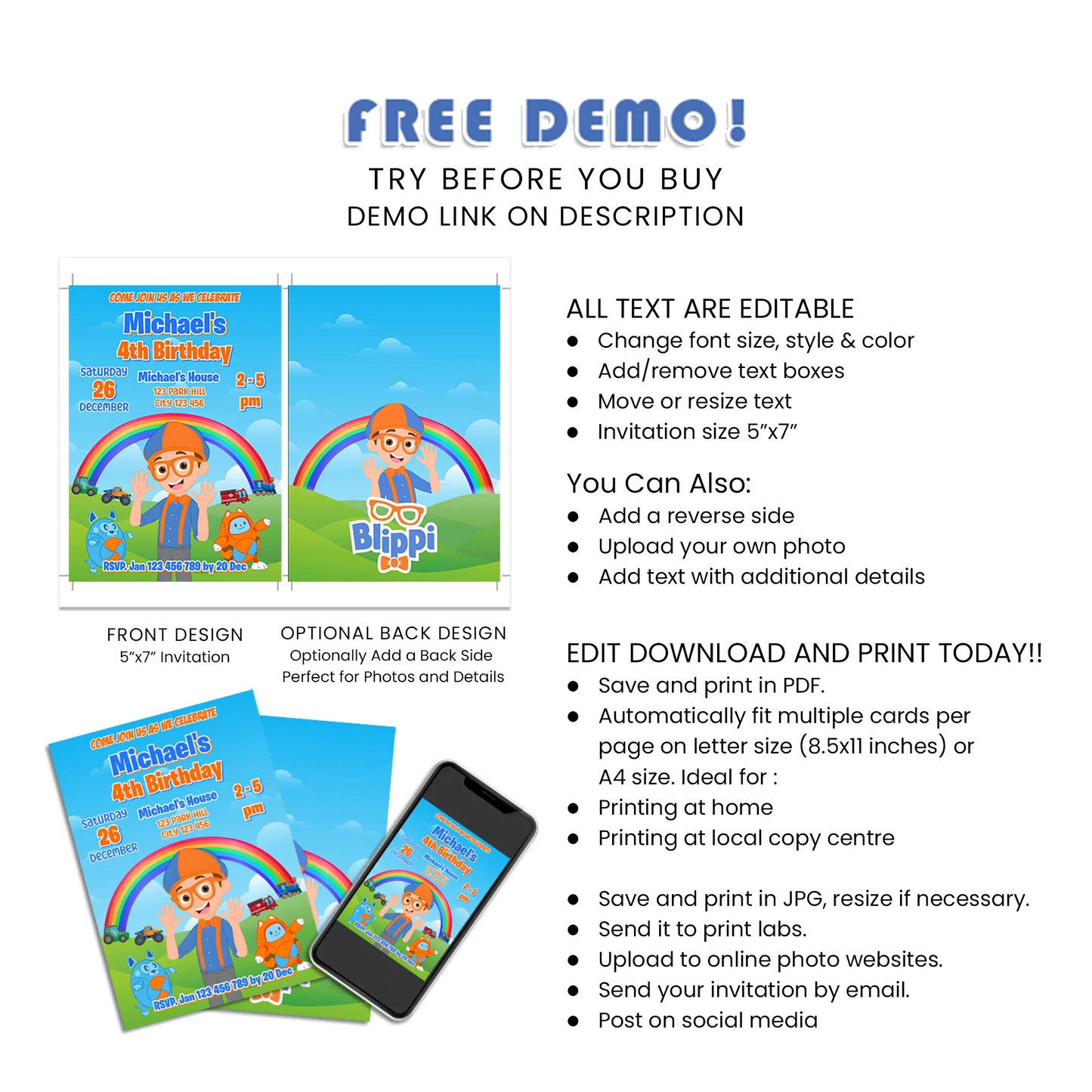 Blippi personalized birthday card invitations for kids parties