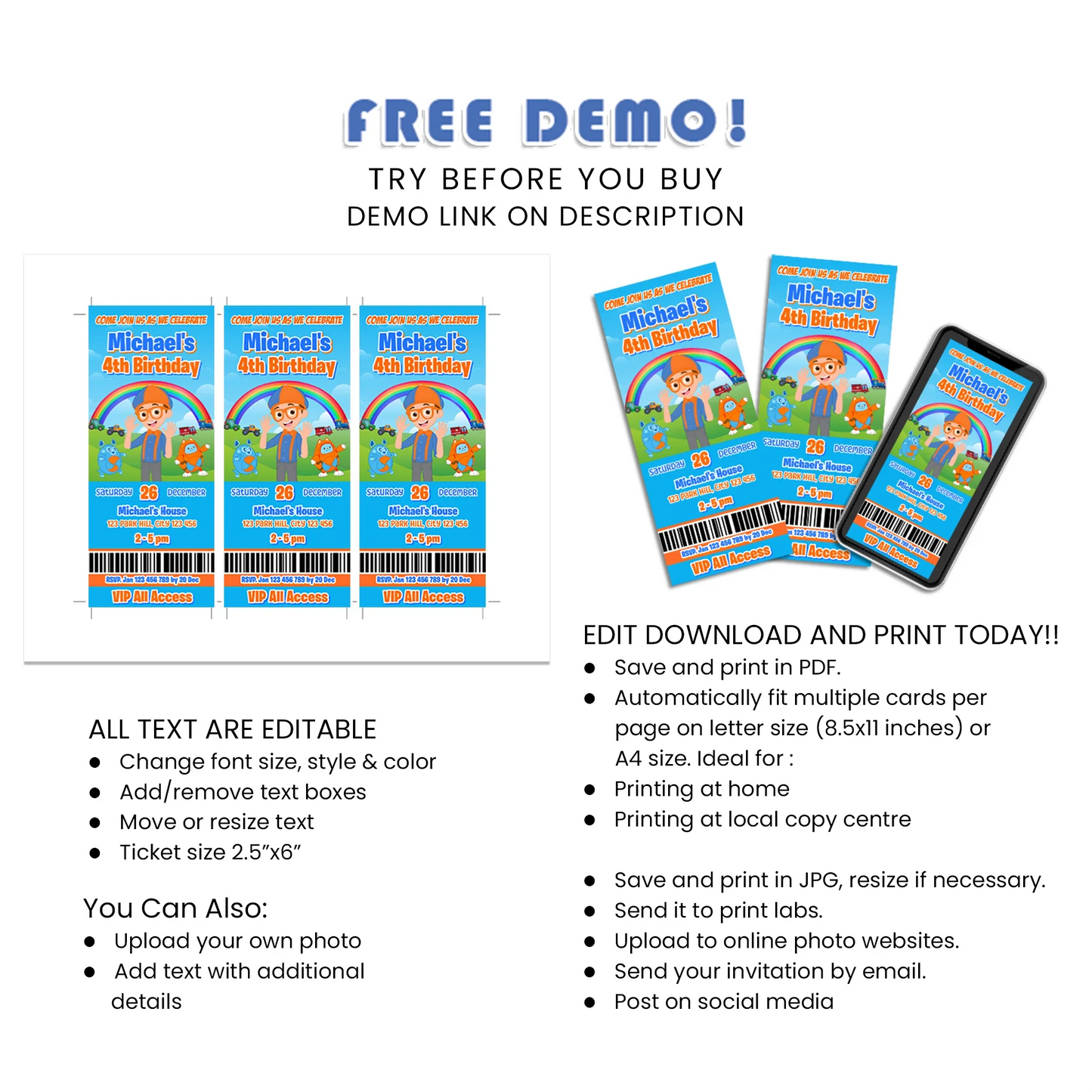 Blippi personalized birthday ticket invitations for kids celebrations